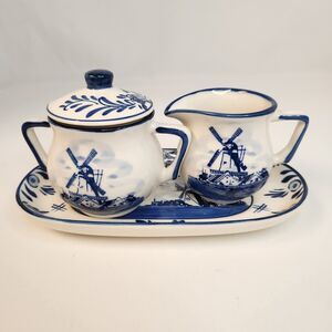Delft Blue Mini Ceramic Creamer, Covered Sugar Bowl w/Tray Hand Painted 3 Pc Set